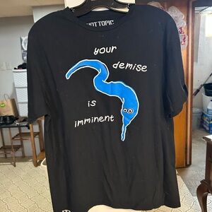 Hot Topic Black Tee with Blue and White Design